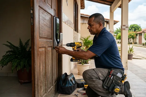Chaveiro em Cametá configurando uma fechadura digital em uma porta.