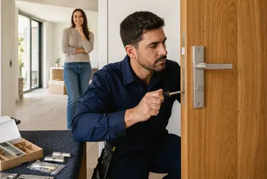 Chaveiro em Cametá instalando uma fechadura em uma porta.