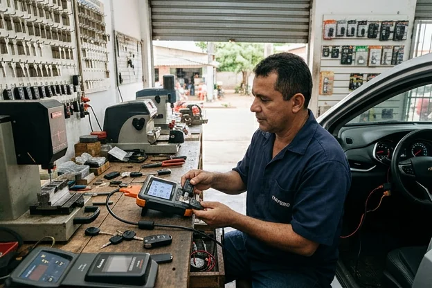 Chaveiro programando uma chave em Cametá com equipamentos apropriados.